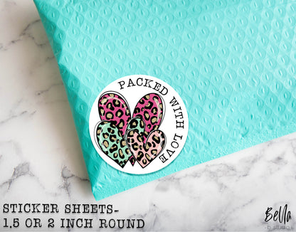 Bright Leopard Hearts -"Packed With Love" Sticker Sheet - Small Business Packaging Stickers