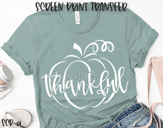 Screen Print Transfer - RTS - Thankful Pumpkin WHITE, Adult [SCP01]