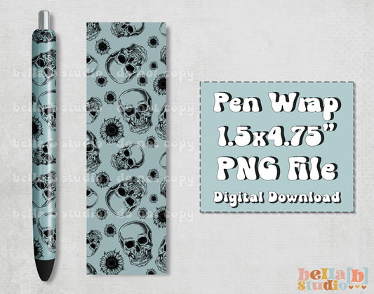 Blue Sunflower Skull Pen Wrap Design