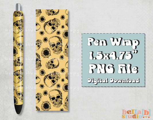 Yellow Sunflower Skull Pen Wrap Design