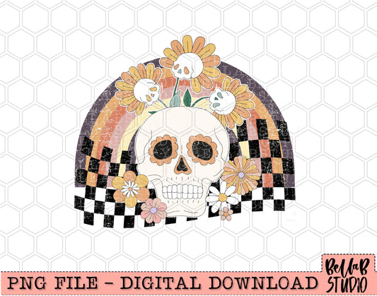 Checkered Skull With Flowers PNG Design