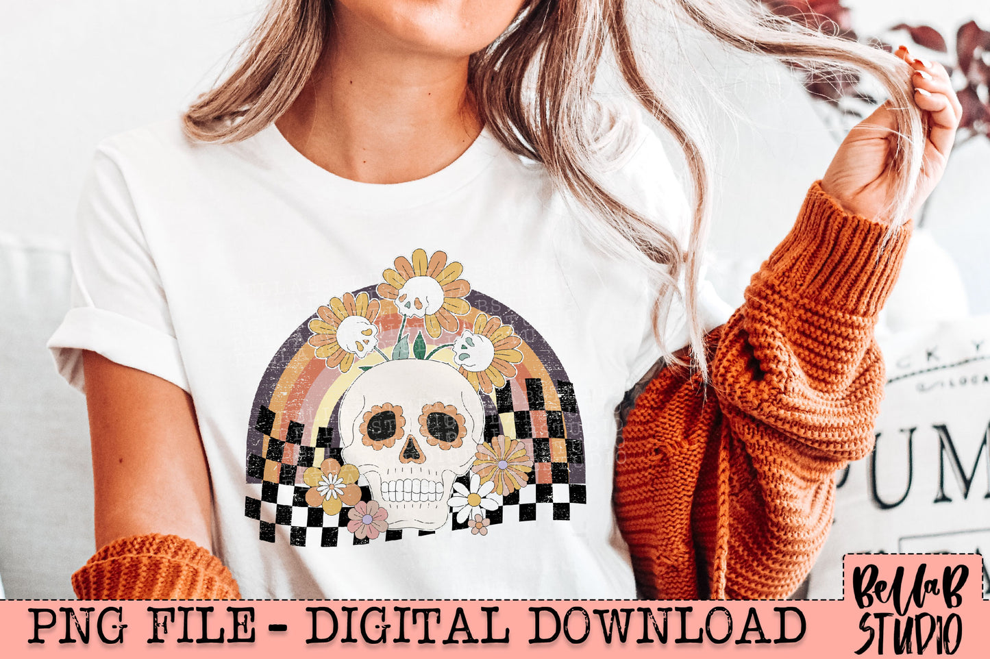 Checkered Skull With Flowers PNG Design