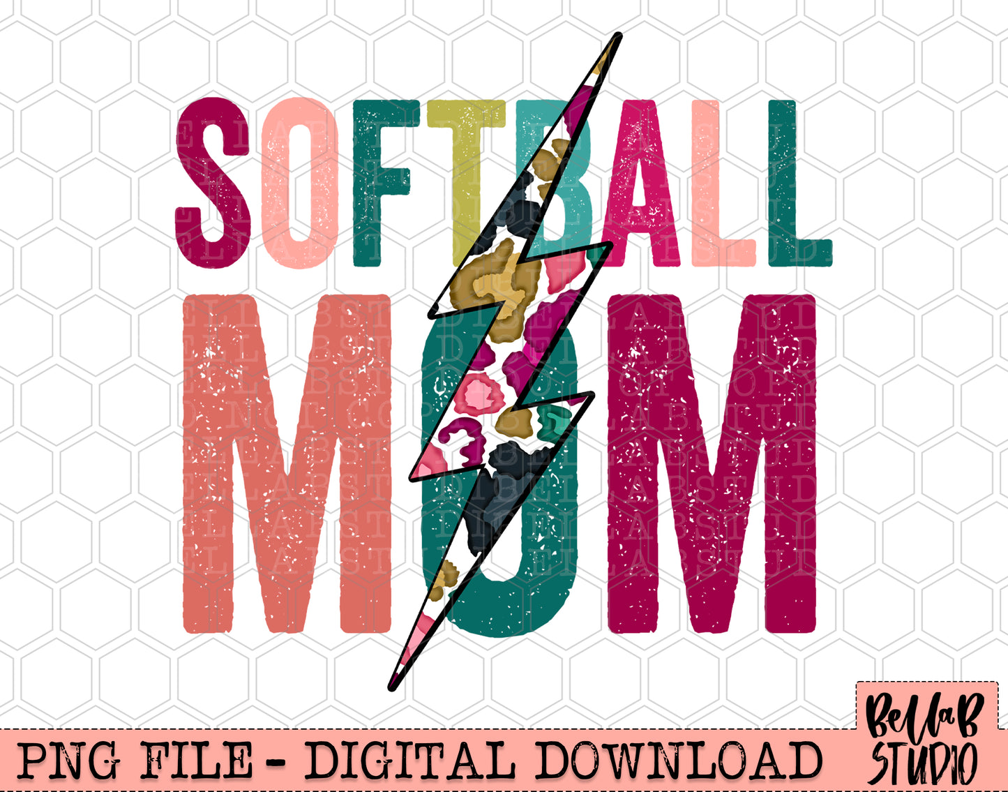 SOFTBALL MOM Bright Leopard Bolt Sublimation Design