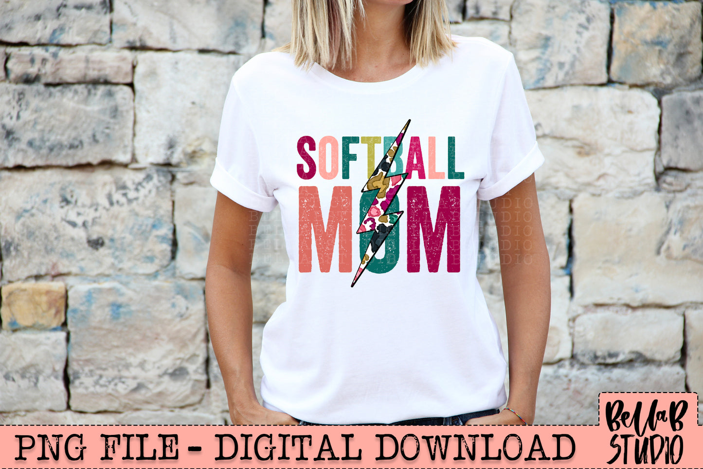 SOFTBALL MOM Bright Leopard Bolt Sublimation Design