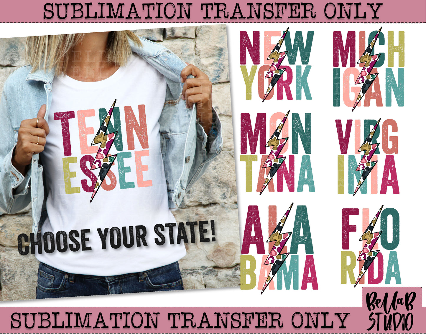 Choose Your State- Bright Leopard Lightning Bolt  State Sublimation Transfer, Ready To Press