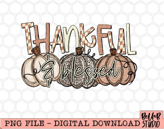 Thankful and Blessed Checkered Neutral Pumpkins PNG Design