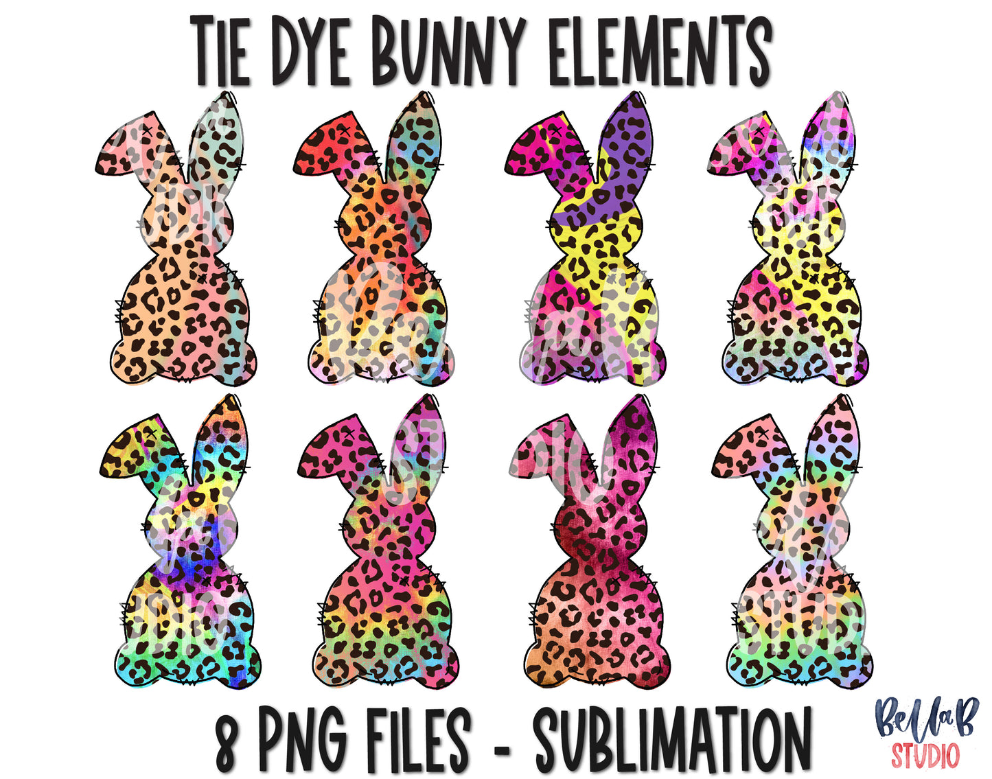 Tie Dye Leopard Easter Bunny Sublimation Elements Bundle