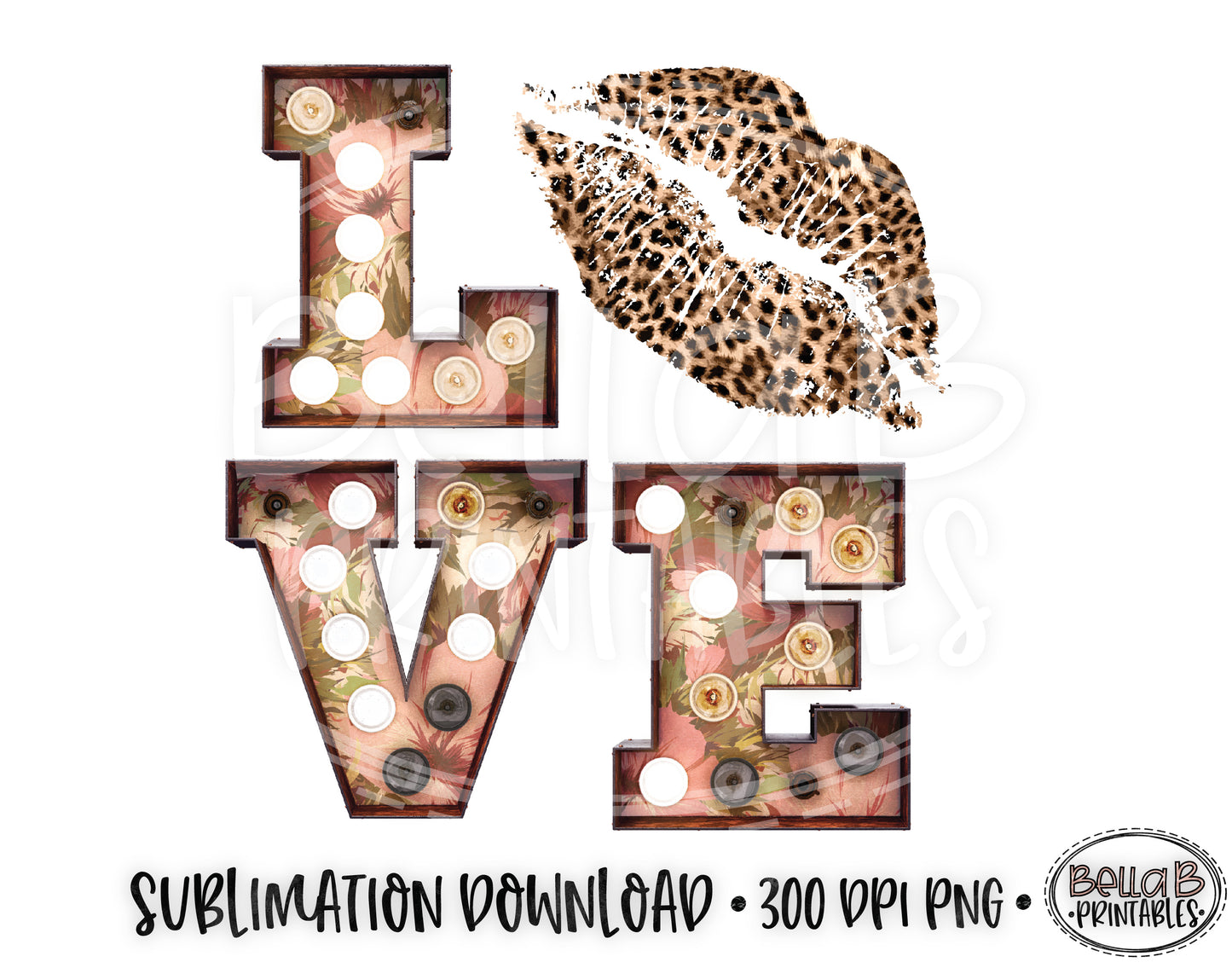 Valentine's Day Sublimation Design, LOVE, Leopard Print Lips, Marquee Letter