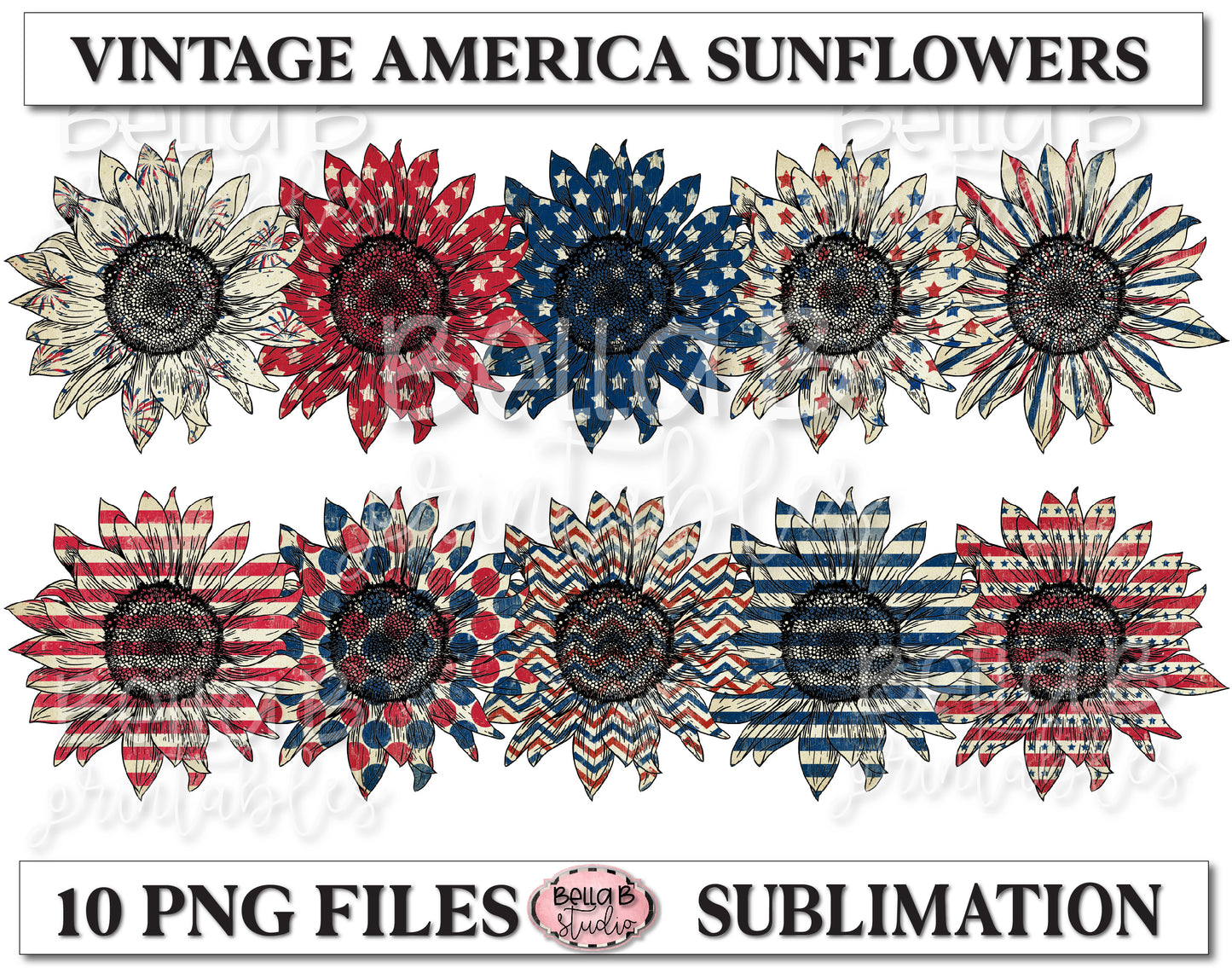 Patriotic, American Sunflower Sublimation Elements Bundle