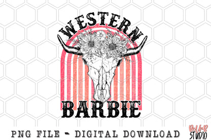 Western Barbie Pink Rainbow Floral Longhorn Skull Sublimation Design