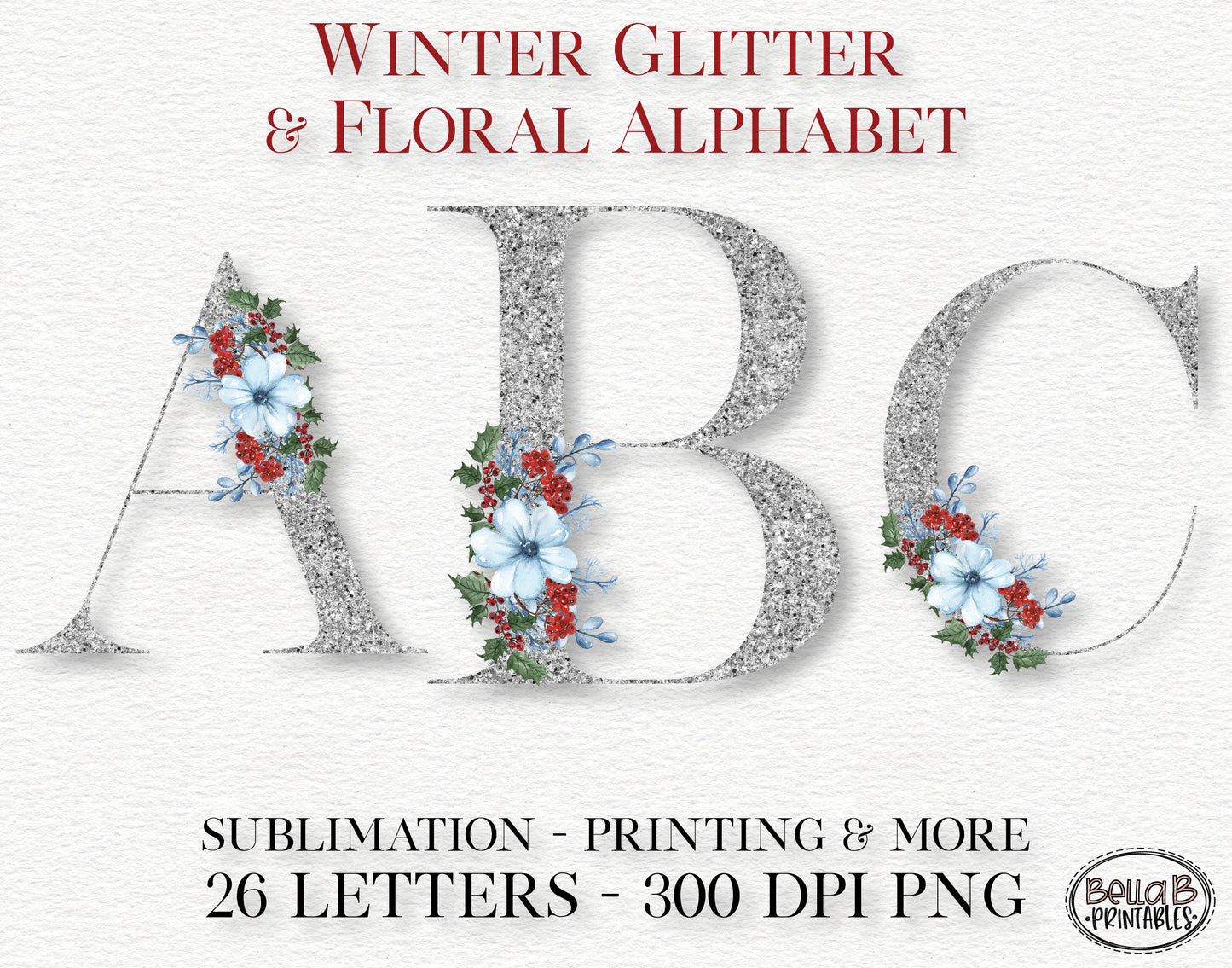 Silver Glitter Floral Alphabet Set, Alphabet Clipart