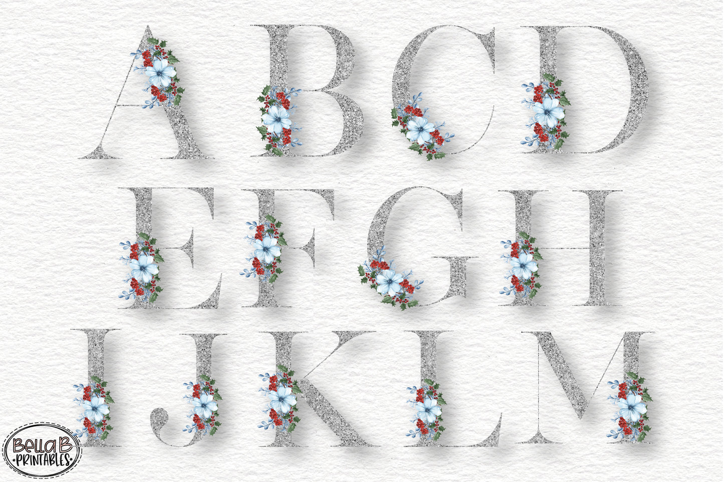 Silver Glitter Floral Alphabet Set, Alphabet Clipart